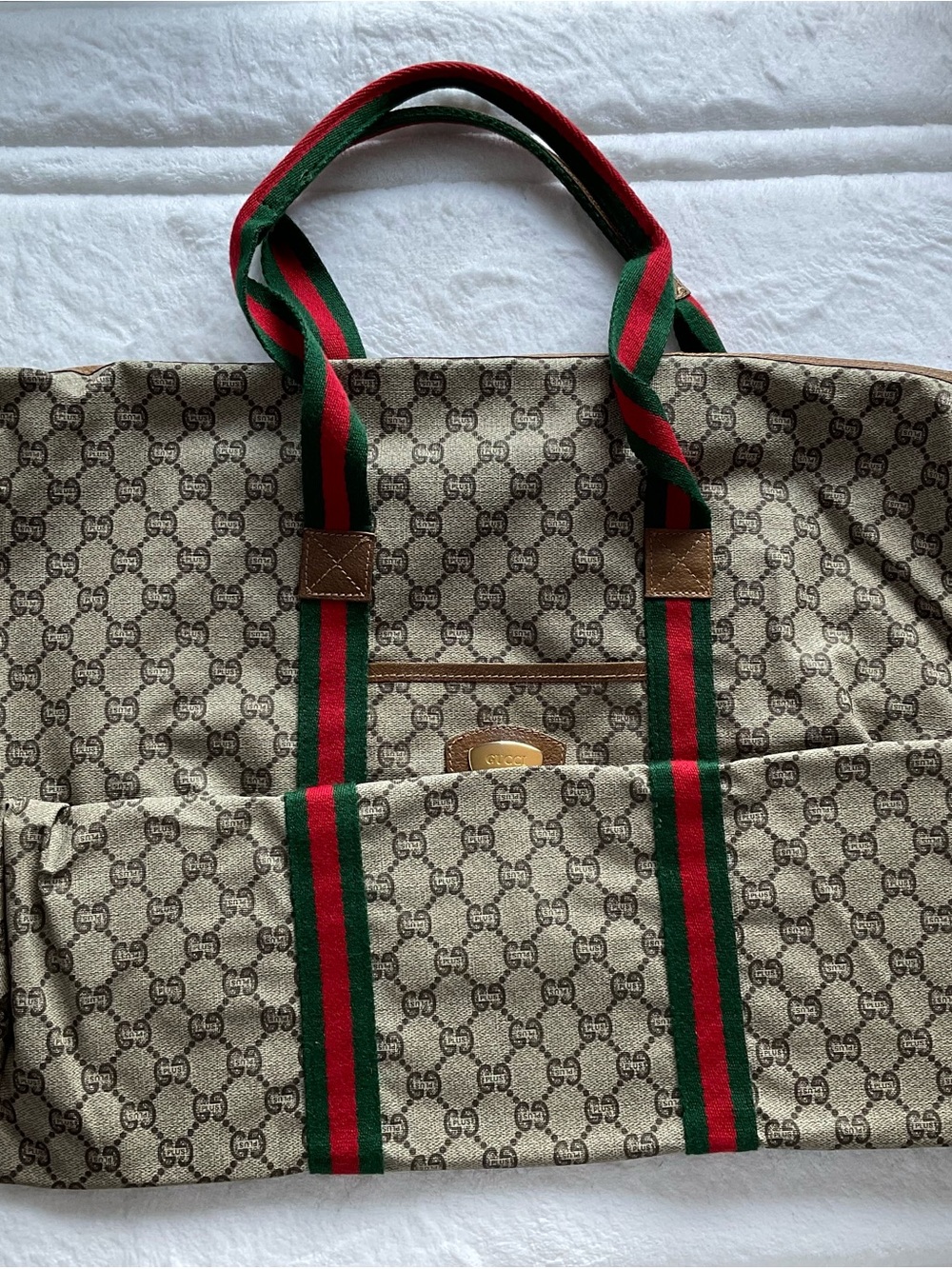 Authentic Gucci PLUS Brown Beige Monogram Tote with Green-Red Web Straps